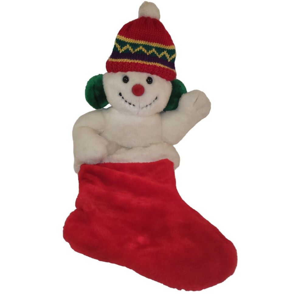 Vintage Prima Creations Plush Snowman Christmas Stocking Knit‎ hat Ear Muffs 27"